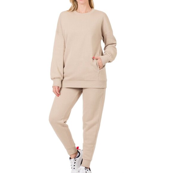 Women's Zenana Two Piece Sweatshirt Sweatpants & Bodysuit Set Sz Medium Beige - Picture 1 of 13
